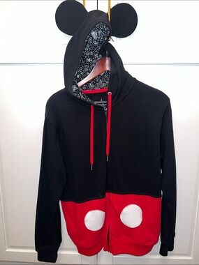 Women/Men Black & Red Mickey Mouse Zip Hoodie with Ear Hood from Disneyland